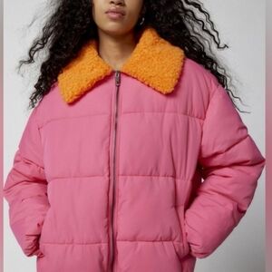 Urban Outfitters Pink Puffer Jacket with Orange Collar